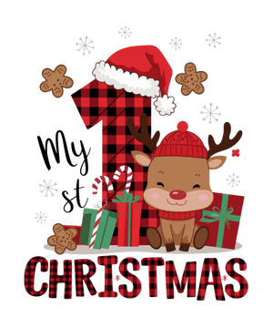 My 1st christmas - Smiling baby reindeer with tree and gifts