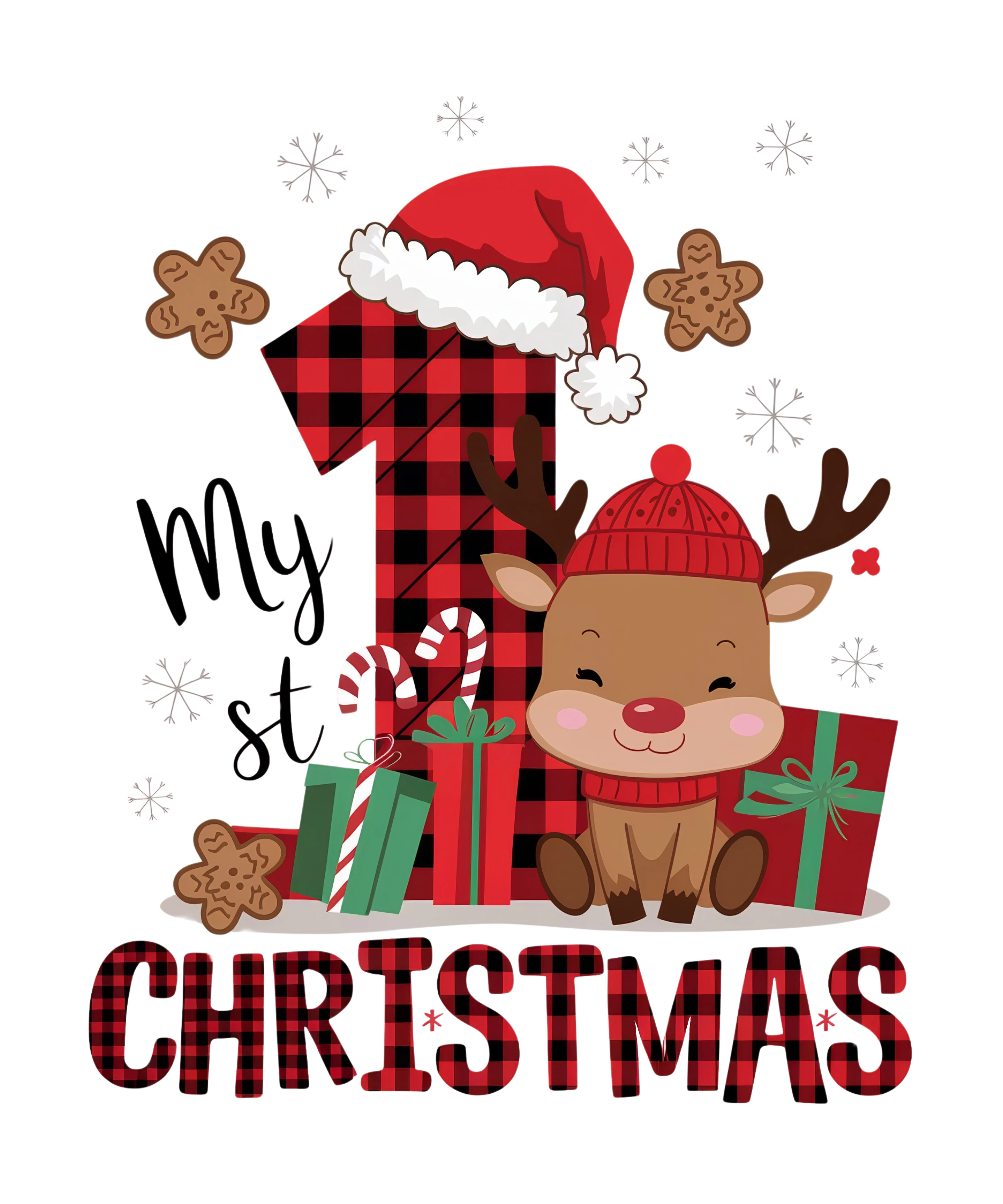 My 1st christmas - Smiling baby reindeer with tree and gifts