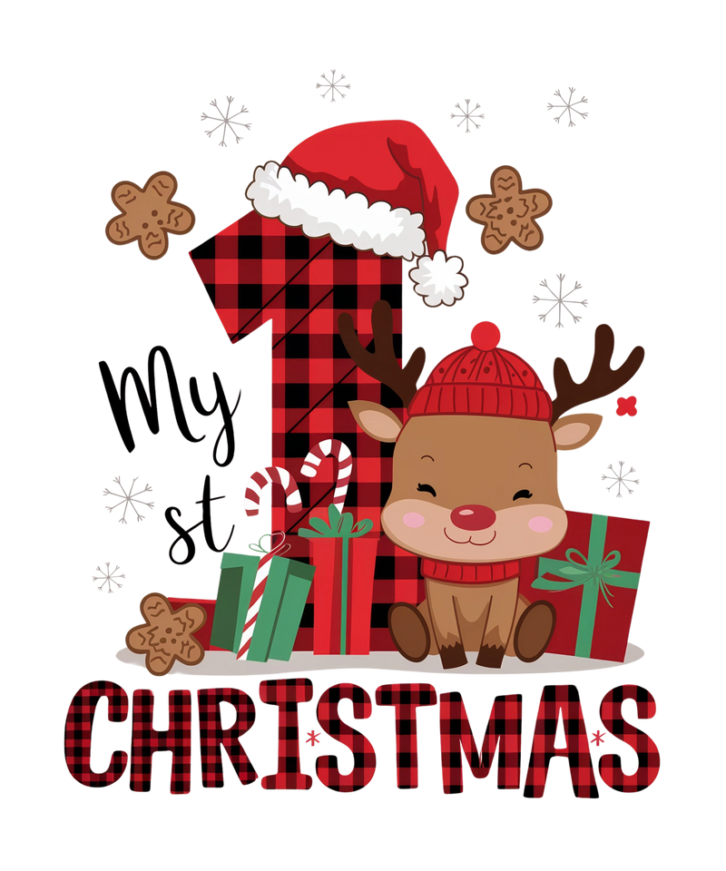 My 1st christmas - Smiling baby reindeer with tree and gifts