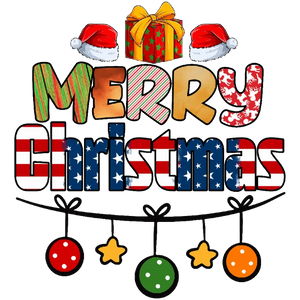 Merry Christmas with American Flag Pattern Lettering, Colorful Baubles and Santa Hats