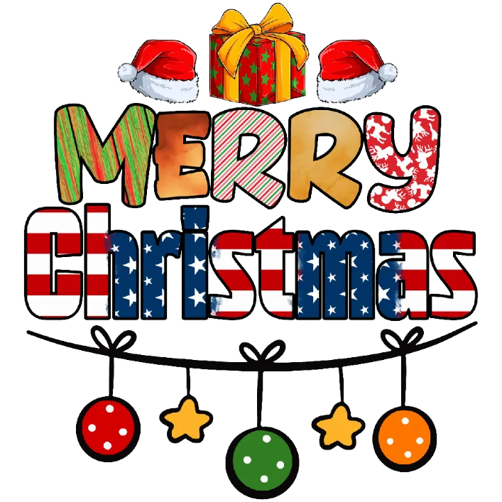 Merry Christmas with American Flag Pattern Lettering, Colorful Baubles and Santa Hats