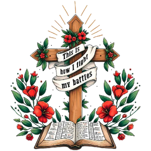 This image is a DTF transfer of an open Bible with a cross over it and the phrase 'This is how I fight my battles' on white fabric The product title for this PNG would be: Faith in Action
