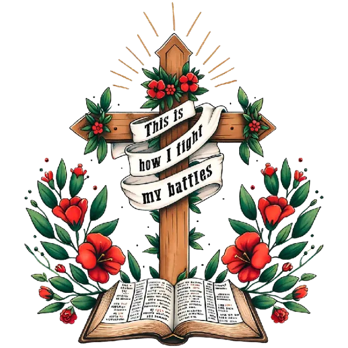 This image is a DTF transfer of an open Bible with a cross over it and the phrase 'This is how I fight my battles' on white fabric The product title for this PNG would be: Faith in Action