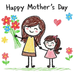 Happy Mother's Day Card with Mom and Child Holding Flowers
