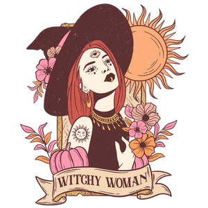 Witchy Woman's Autumn Portrait: A Vintage-Inspired Illustration of a Witch in a Black Dress and Hat, Set Against an Orange Background with Sun Rays and Fall Foliage