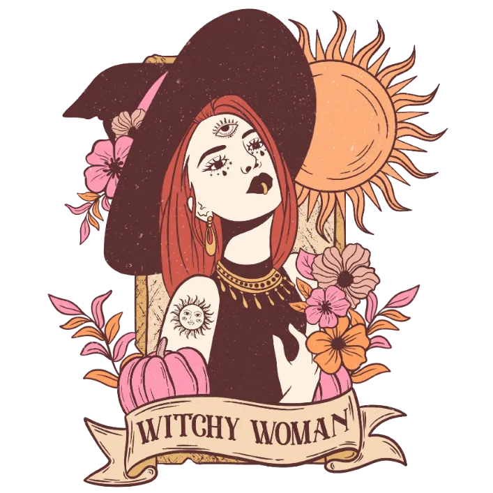 Witchy Woman's Autumn Portrait: A Vintage-Inspired Illustration of a Witch in a Black Dress and Hat, Set Against an Orange Background with Sun Rays and Fall Foliage