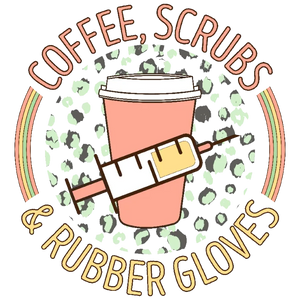Coffee Lover's Delight: A Vibrant Blend of Coffee, Scrubs, and Rubber Gloves in a Playful Design