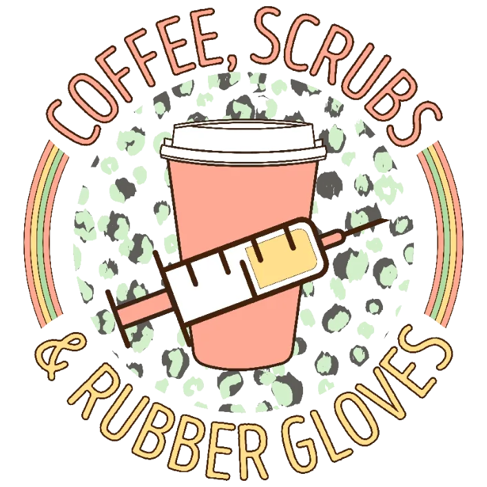 Coffee Lover's Delight: A Vibrant Blend of Coffee, Scrubs, and Rubber Gloves in a Playful Design
