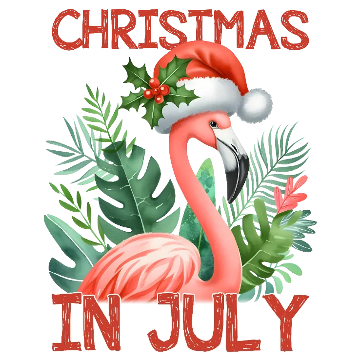 Christmas in July Flamingo Santa Hat Palm Leaves T-shirt Graphic