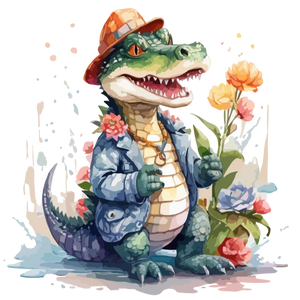 Cute Croc in a Denim Jacket Holding Flowers