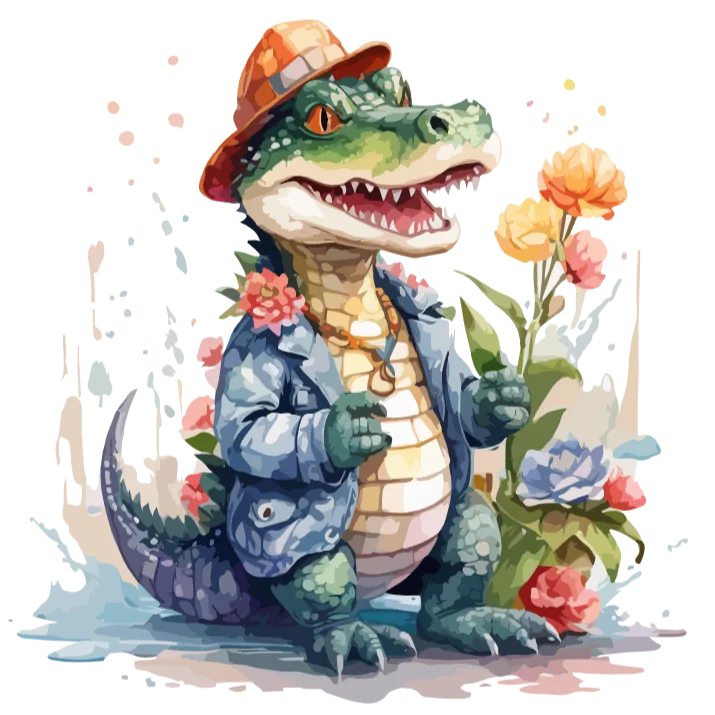 Cute Croc in a Denim Jacket Holding Flowers