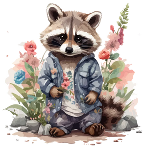 Raccoon in Denim Jacket Among Flowers