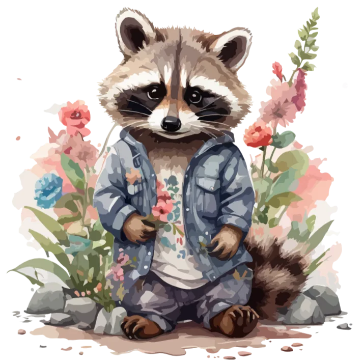 Raccoon in Denim Jacket Among Flowers