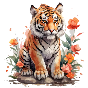 Watercolor Tiger and Flowers