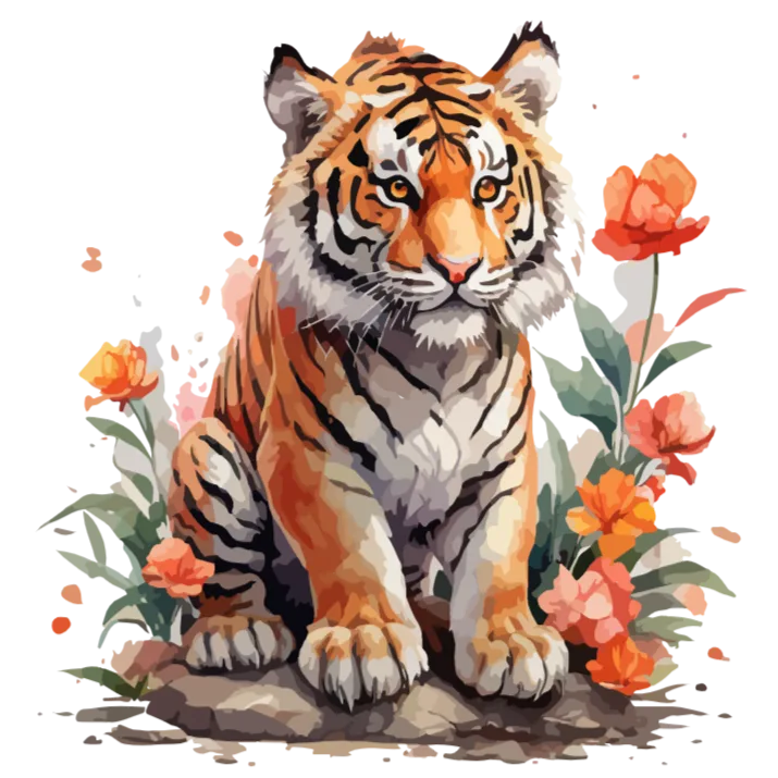 Watercolor Tiger and Flowers