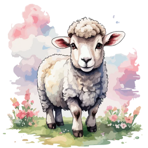 Sheep in a Field of Flowers and Clouds