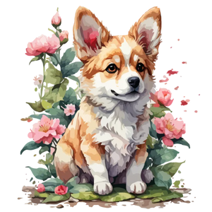 Corgi in a Garden of Pink Flowers
