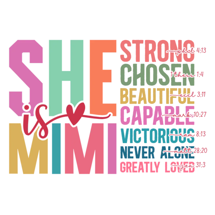 She is Strong, Chosen, Beautiful, Capable, Victorious, Never Alone and Greatly Loved by Mimi