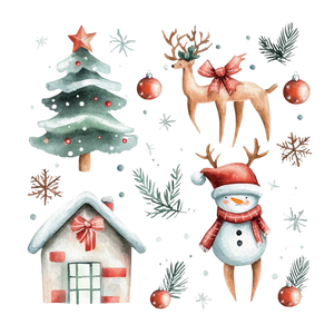 Vintage Old Christmas(Snow House, Tree, Reindeer, Snowman)