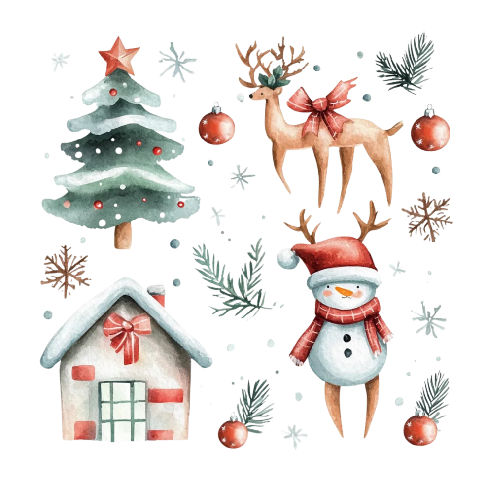 Vintage Old Christmas(Snow House, Tree, Reindeer, Snowman)