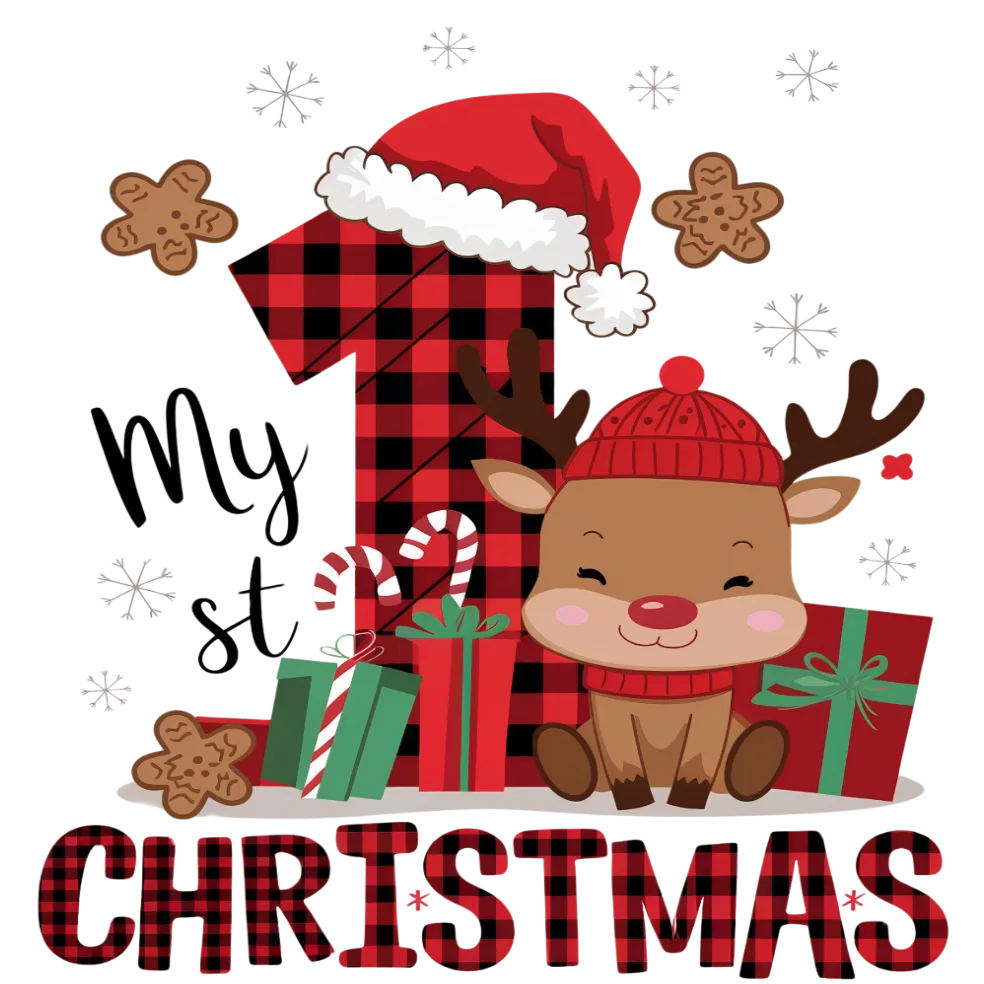 My 1st christmas - Smiling baby reindeer with tree and gifts