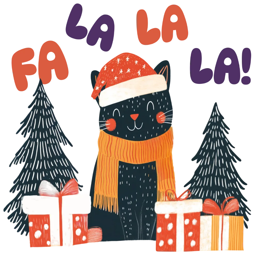 Hand-Drawn Cat with Christmas gifts