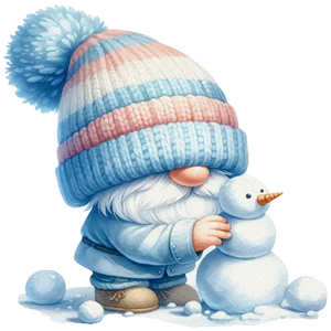 Baby Blue Gnome Building a Snowman