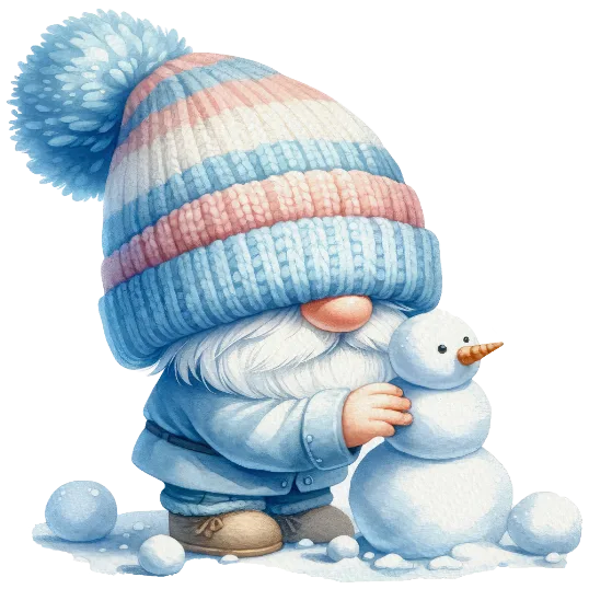 Baby Blue Gnome Building a Snowman