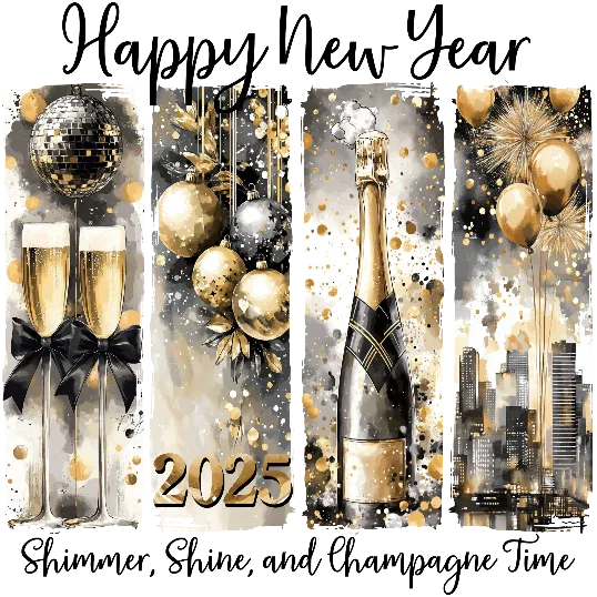 Happy New Year 2025 Gold and Black- Shimmer, Shine and Champagne Time