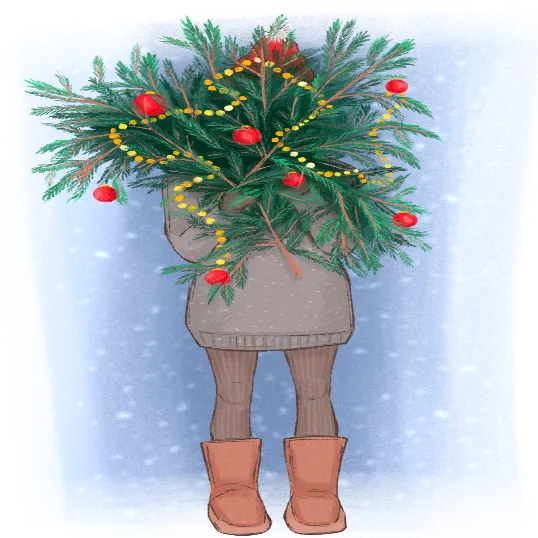 Snowfall And Girl With Christmas Bouquet